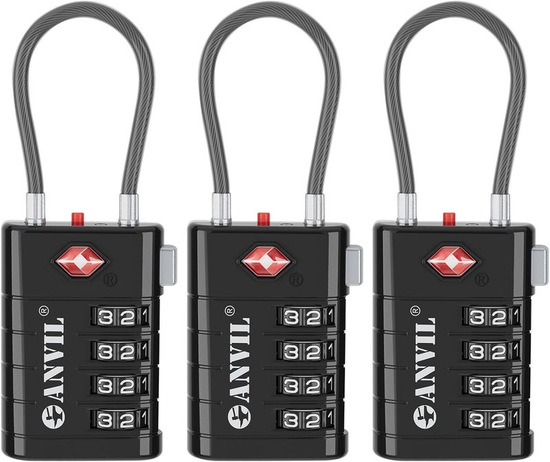 Anvil 4 Digit Luggage Locks, TSA Locks for Luggage, Advanced TSA008 core, Alert Indicator for Your Travel Lock, Suitcase Lock. (3, Black) - Image 1